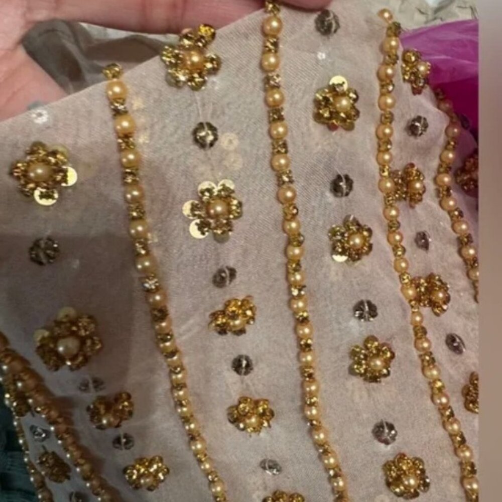 Hand Embroidered Beige Chiffon Saree / Sari with heavy sequence work - Picture 5 of 11